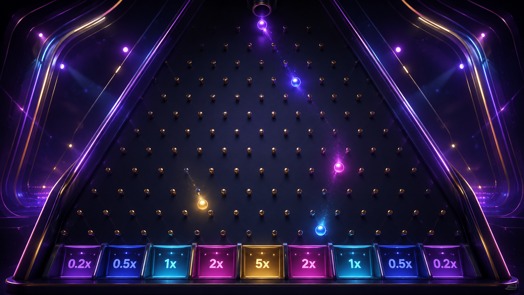 Plinko demo board showing falling balls, peg rows, risk controls and multiplier slots