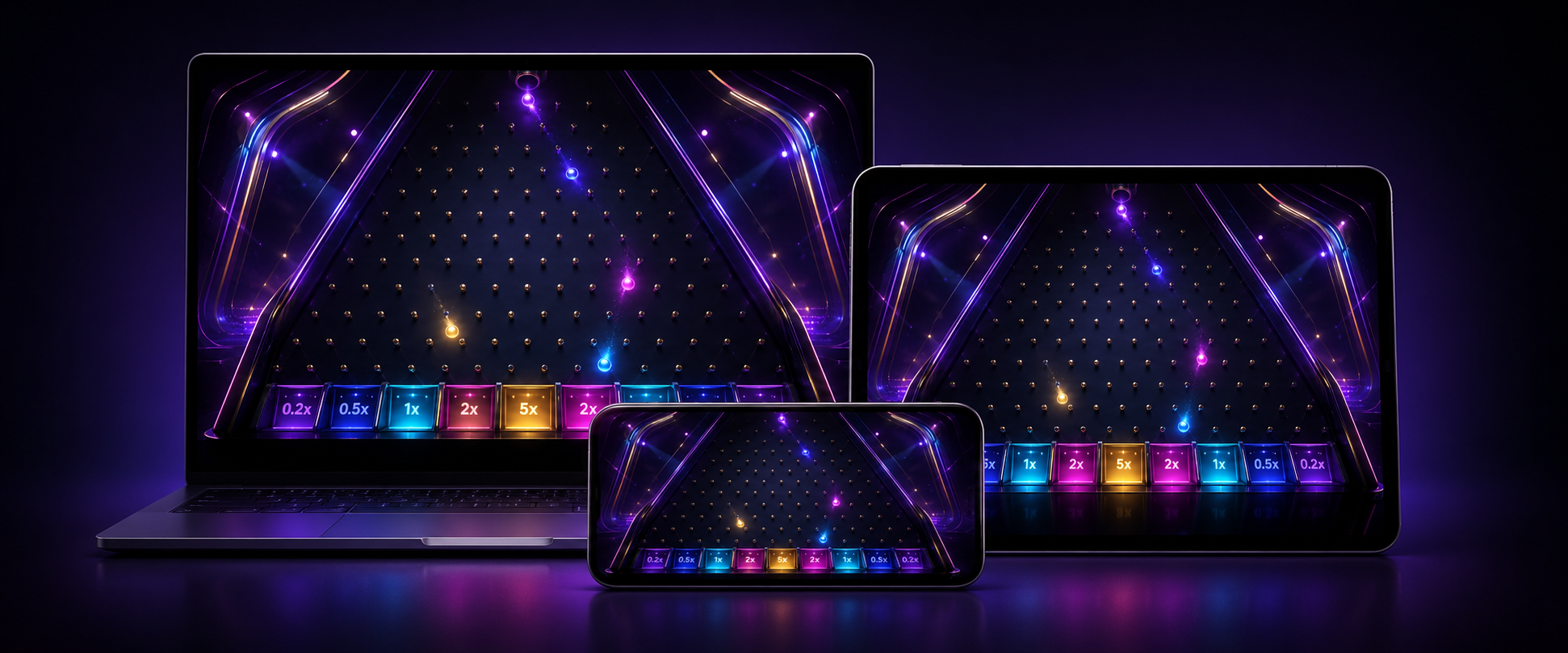 Responsive Plinko peg board with multiplier slots on phone, tablet and desktop